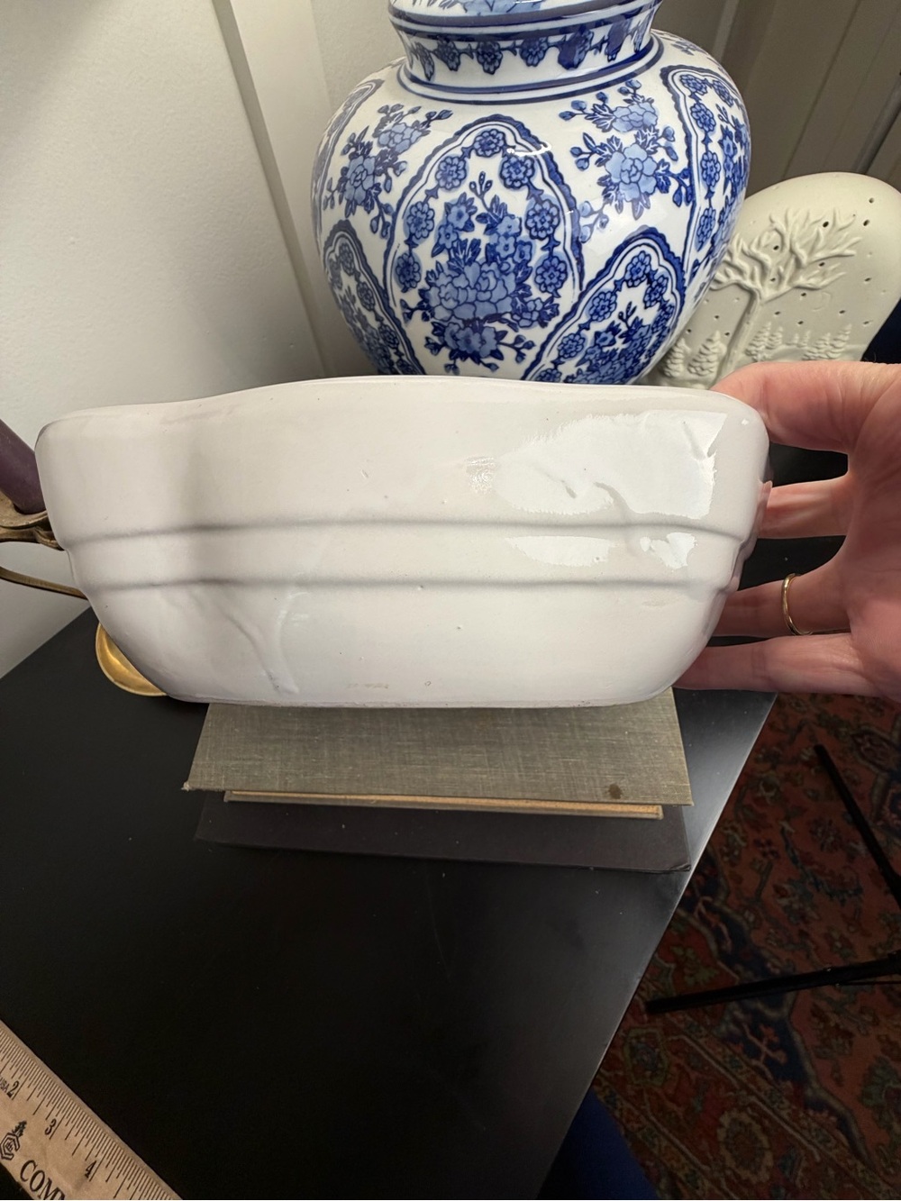 Vintage White Ceramic Planter Oval Ribbed Art Pottery Cachepot